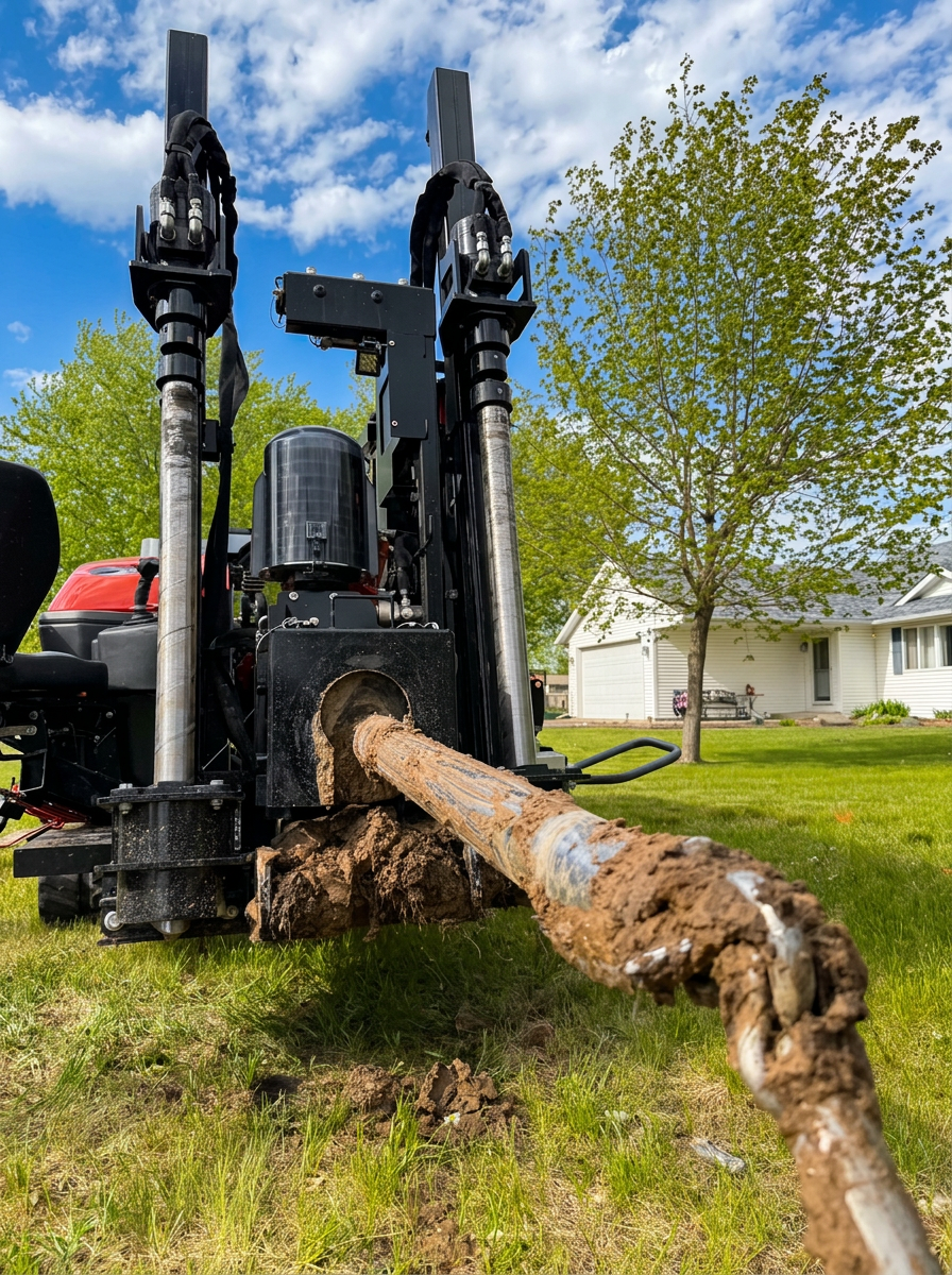 Directional drill rig with drill rod exiting a bore pit