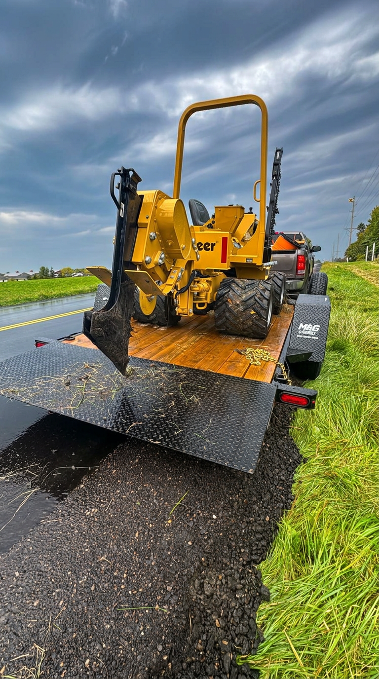 Vermeer trencher loaded on flatbed trailer ready for mobilization