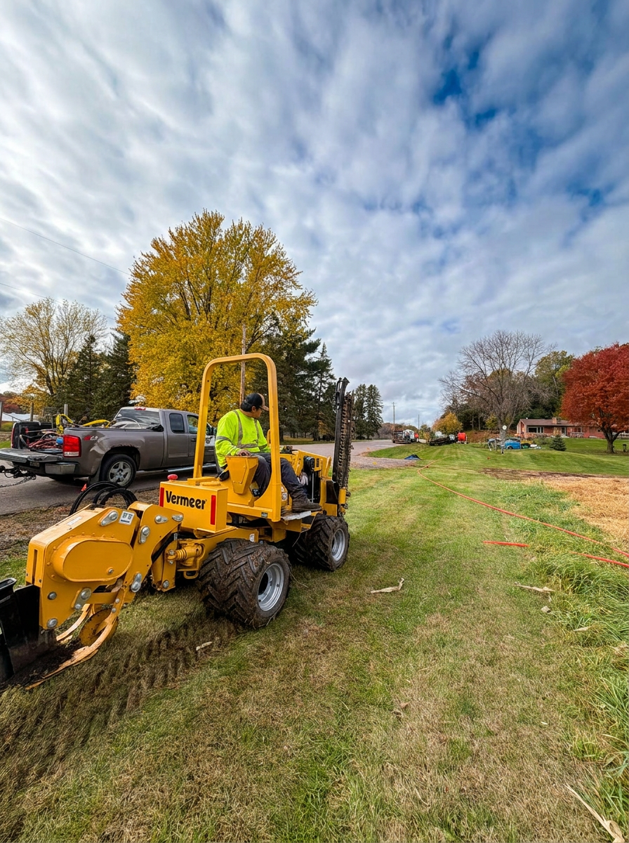 JAM operator running a Vermeer trencher on a utility corridor